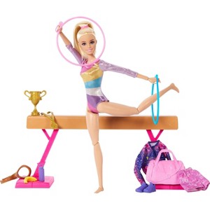 Image of Barbie Gymnastics Playset with Blonde Fashion Doll, Balance Beam, 10+ Accessories & Flip Feature with Blonde Hair