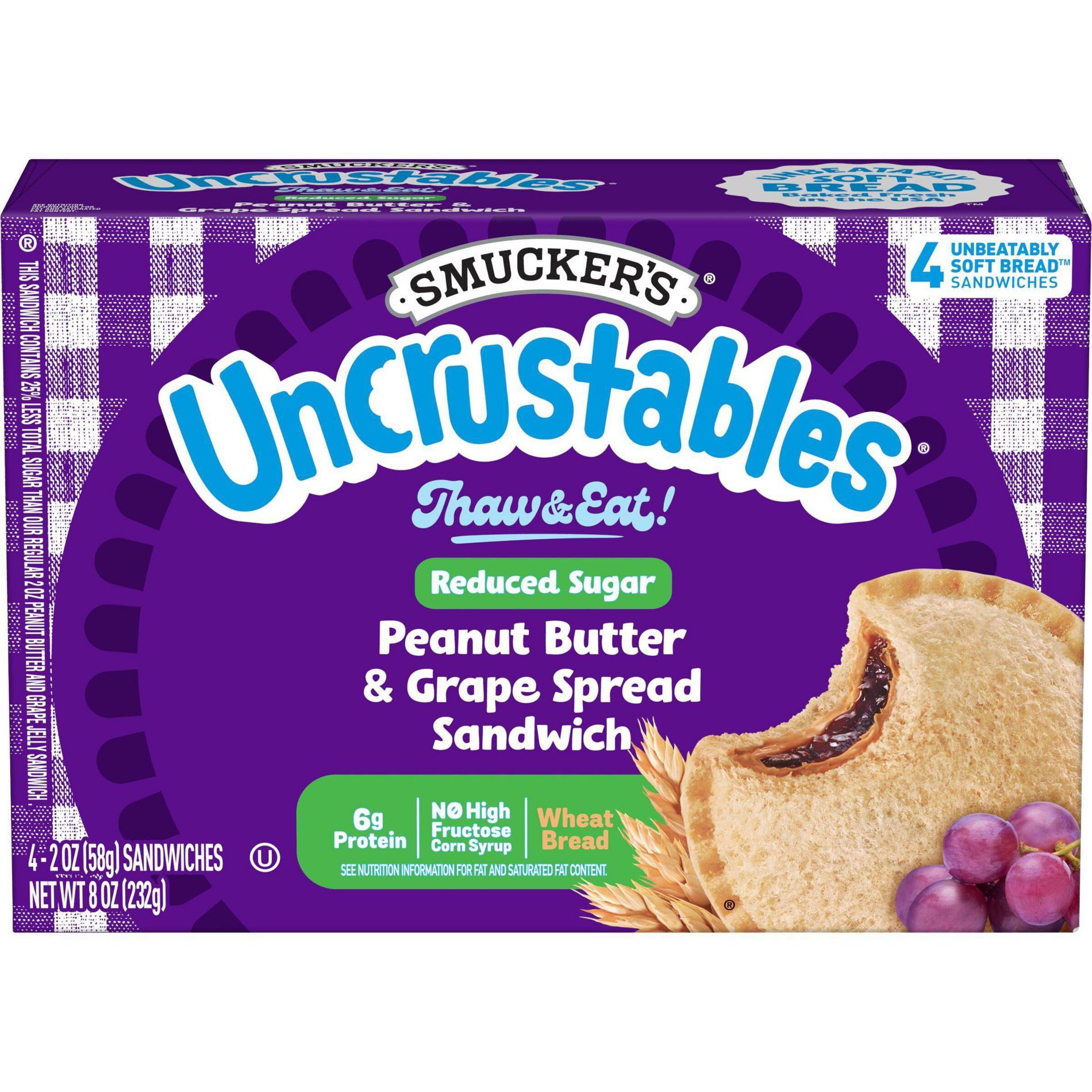 Smucker's Uncrustables Frozen  Whole Wheat Peanut Butter & Grape Jelly Sandwiches - 8oz/4ct