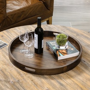 KINWELL Round Black Walnut Wood Serving Tray Ottoman Tray with Handles - 1 of 4