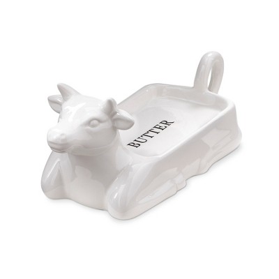 tag Farmhouse Christmas White Stoneware Cow Shaped Butter Dish, 9.65"L x 3.7"W x 4.0"H