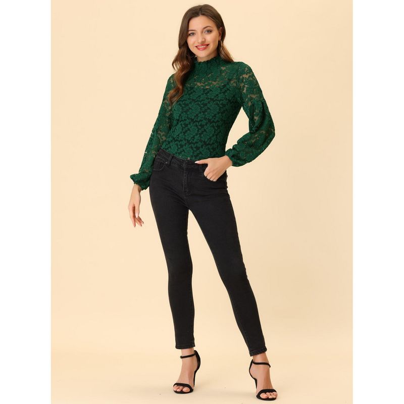 Allegra K Women's See Through Mock Neck Long Sleeve Floral Lace Blouse, 4 of 7