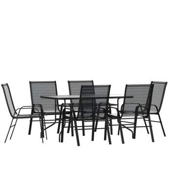 Flash Furniture 7 Piece Outdoor Patio Dining Set - Tempered Glass Patio Table, 6 Flex Comfort Stack Chairs