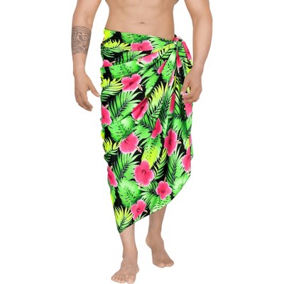 HAPPY BAY Men's Lava Lava Hawaiian Vacation Sarongs Summer Beach Cover Swimwear Holidays Pareo Beachwear Men One Size Allover Monstera Leafs Blue Dad