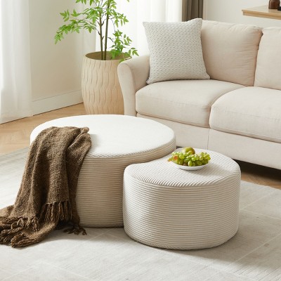 Nesting Upholstered Round Coffee Table Set of 2,Corduroy Foam Ottoman Side Tables,No Assembly Needed for Modern Living Room-Baofuwish