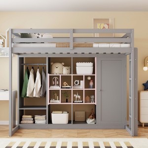 Merax  Modern Wood Loft Bed with Wardrobe Shelves and Cabinet - 1 of 4