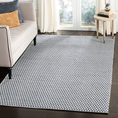 Hand-Woven Navy and Ivory Wool-Cotton Blend 59" Rug