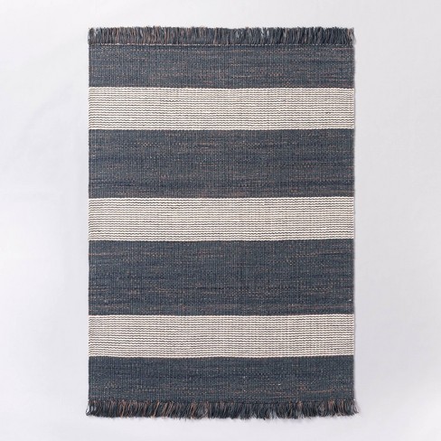 Highland Hand Woven Striped Jute Wool, Baby Blue And White Striped Rug