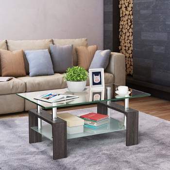 Costway Rectangle Glass Coffee Table Metal Legs End Table Livingroom White\Black\Coffee\Nature