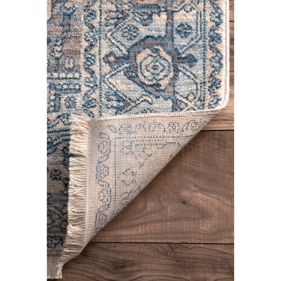 Light Blue Vintage Medallion Fringe Easy-Care Runner Rug