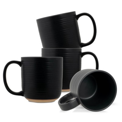 Elanze Designs Ribbed Ceramic Stoneware 16 ounce Raw Clay Bottom Coffee Mugs Set of 4, Black
