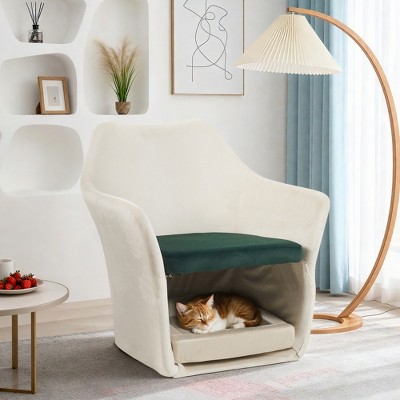 Airsurfer 2-in-1 Pet Friendly Mid-Century Modern Accent Chair – Velvet Upholstered Leisure Armchair with Cozy Pet Nook for Living Room,Bedroom (White)