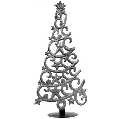 Slickblue Unique Tabletop Christmas Tree – Swirling Steel Design with Embossed Stars, 14 x 7 Inches