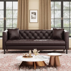 81" Leather Couch, Handmade Button Tufted 3 Seater Sofa, Chesterfield Sofa with Deep Seat and 2 Pillows - 1 of 4
