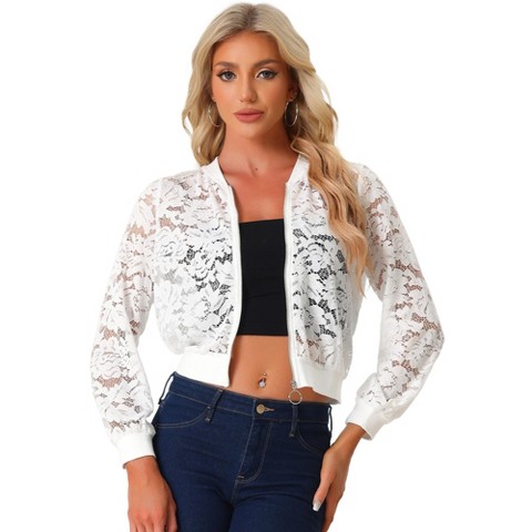 Allegra K Women's Stand Collar Zip Up Sheer-Mesh Lace Bomber Jacket White Large
