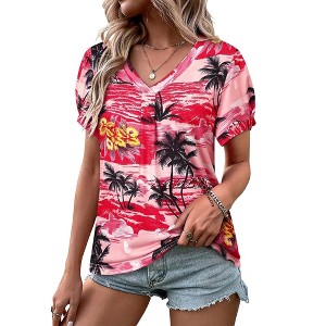 Nlife Womens Puff Short Sleeve Hawaiian Shirts Floral Tropic Printed Pleated V Neck Summer Casual T-Shirt Trendy Boho Blouses Tops - 1 of 4
