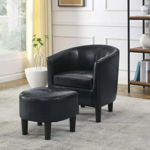 GDFStudio Elsie 2 Piece Faux Leather Upholstered Barrel Chair with Ottoman - 1 of 4