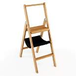 Costway 3 Step Ladder Foldable Bamboo Step Stool 330Lbs Capacity with Tool Storage Bag
