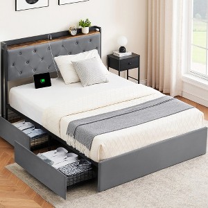 Whizmax Full Bed with 4 Storage Drawers and Charging Station, Velvet Upholstered Platform with Headboard, Wooden Slats Support, Gray - 1 of 4