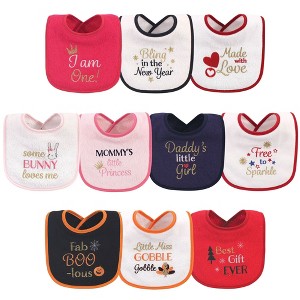 Hudson Baby Infant Girl Cotton Terry Drooler Bibs with Fiber Filling 10pk, Holiday Girl I Am One, One Size - 1 of 4