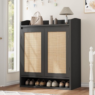Rattan Shoe Cabinet with 2 Doors, 5-Tier Shoe Storage Cabinet with Adjustable Shelves, Wooden Shoe Storage Organizer for Entryway, Living Room
