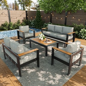 LayinSun 5 Pieces Aluminum Outdoor Patio Furniture Set with Coffee Table, Outside Metal Patio Conversation Sets with Deep Seating and Thick Cushions - 1 of 4