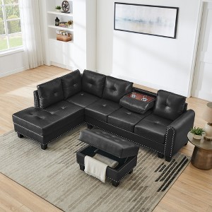 Sectional 3-Seaters Sofa , reversible recliner, Storage Pad and Wood Grain Cup Holder, Non-slip Leg, PU - 1 of 4