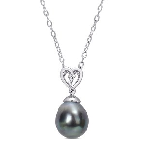 EVERLY JEWELRY | Sterling Silver 8-9mm Black Tahitian Cultured Pearl and White Topaz Heart Drop Pendant with Chain - 18 inch - 1 of 4