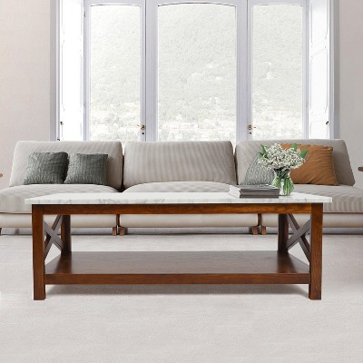 Agatha 44" Rectangular White Marble Coffee Table with Walnut Wood Legs