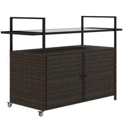 Outsunny 2-Tier Shelf PE Rattan Outdoor Bar Table, Glass Top Patio Serving Cart