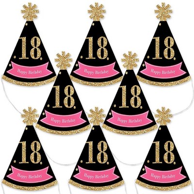 Big Dot of Happiness Chic 18th Birthday - Pink, Black and Gold - Mini Cone Birthday Party Hats - Small Little Party Hats - Set of 8