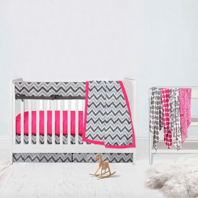 Bacati - Ikat Dots Leopard  Pink Grey Muslin Girls 8 pc Crib Set with Crib Rail Guard