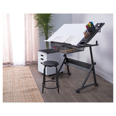 Adjustable White Metal Drafting Table with Storage Drawers