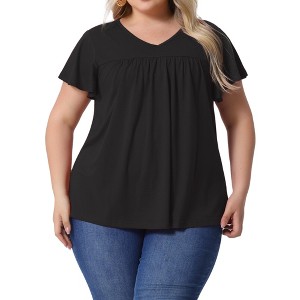 Agnes Orinda Women's Plus Size V Neck Ruffle Short Sleeve Boho Floral Casual T-Shirt - 1 of 4