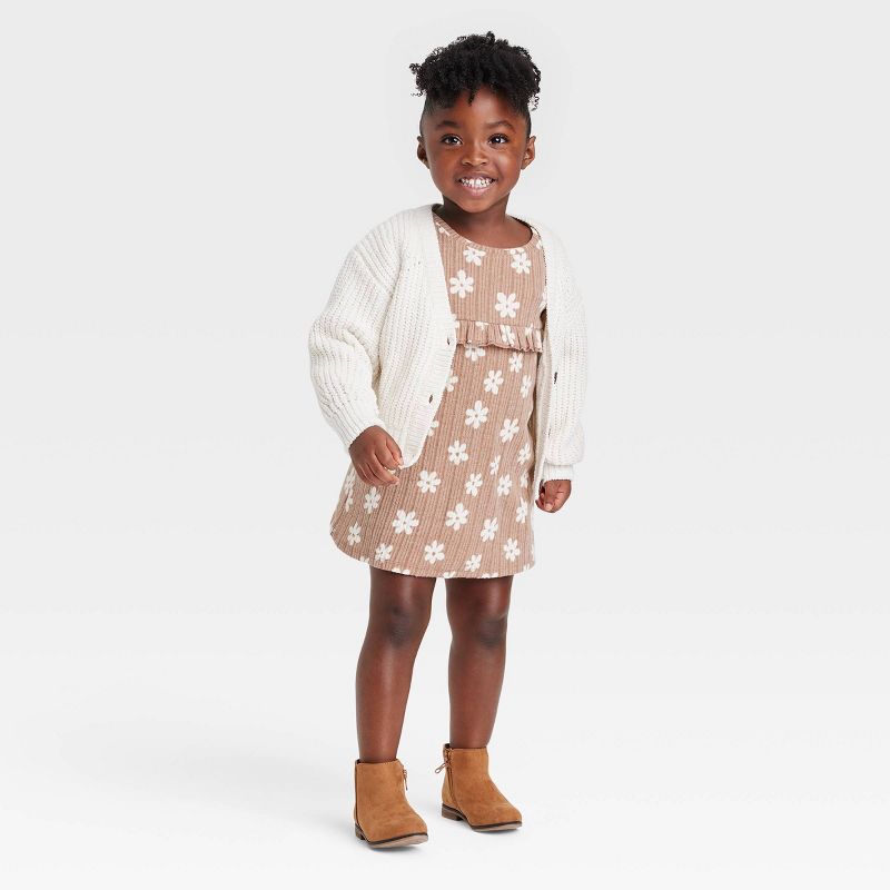 Grayson Collective Toddler Girls' Cozy Floral Ribbed Long Sleeve Dress - Brown, 3 of 8