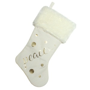 Northlight 19" Ivory White Gold Foil "Peace" Christmas Stocking with White Faux Fur Cuff - 1 of 2