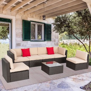 Celebalcony 7-Piece All-Weather Wicker Patio Set – Outdoor Sectional Sofa with Cushions, Pillows & Glass Coffee Table Beige - 1 of 4