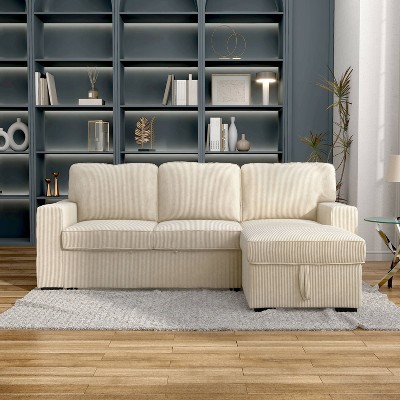 Beige Corduroy Sectional Sofa with Storage and Ottoman