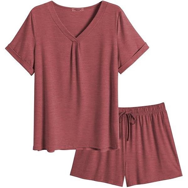 Conjunto de pijama para mujer de manga corta, 2 piezas, cuello V con bolsillos 6