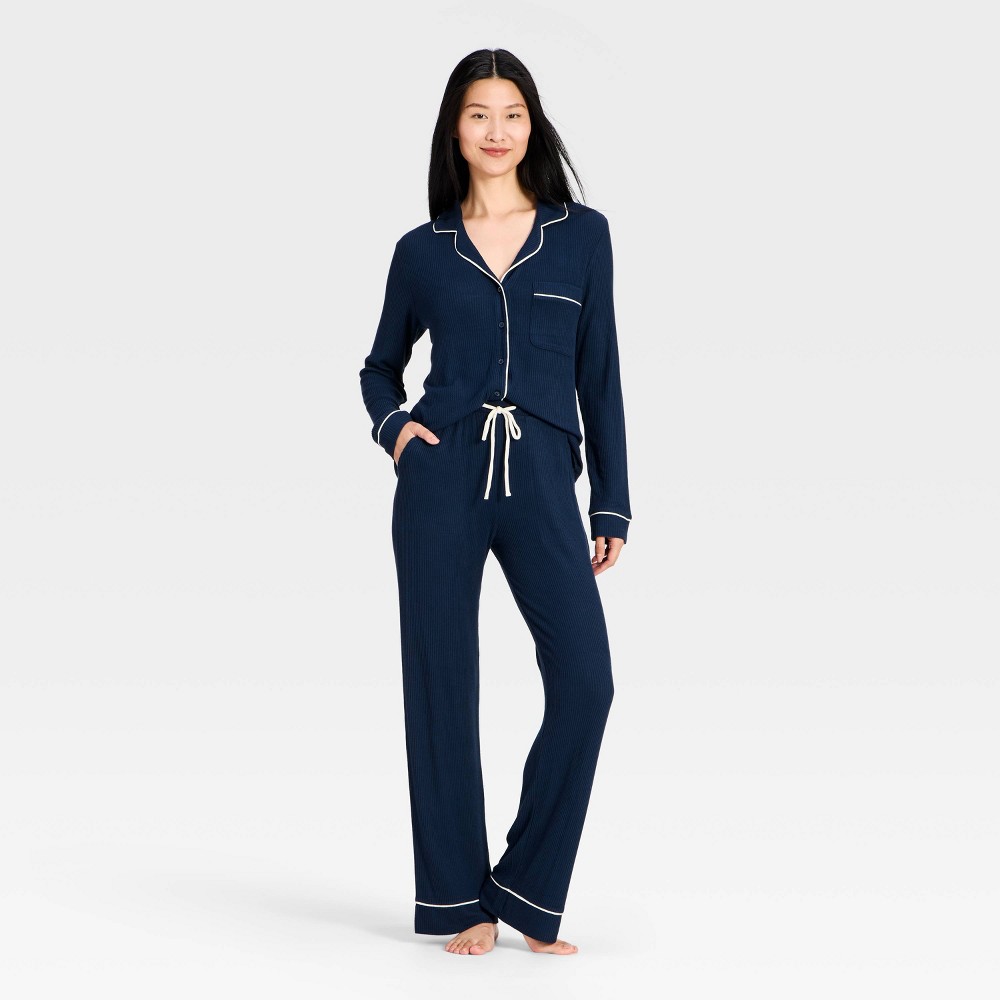 Women's Cozy Ribbed Notch Collar Long Sleeve Shirt and Pants Pajama Set - Auden™ Navy Blue XS