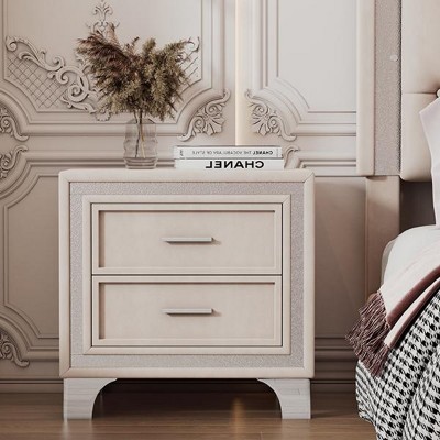 INFURNIC Nightstands Mid Century Velvet Nightstand with 2 Drawers Metal Legs Silver Glitter Accents for Bedroom Storage, Beige, 21.8"*15.9"*21.7"