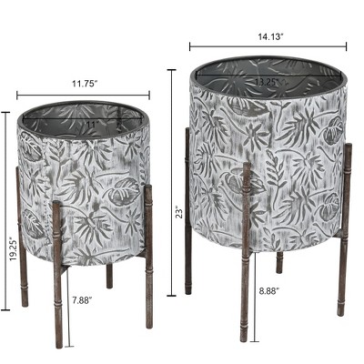 Coastal Distressed White & Gray Metal Planters with Bamboo-Style Stand