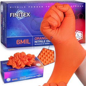 FINITEX Orange Industrial Diamond Texture Disposable Nitrile Gloves - 100, 300 & 1000PCS,  6.3mil Heavy Duty, Chemical Resistant Mechanic Gloves - 1 of 4