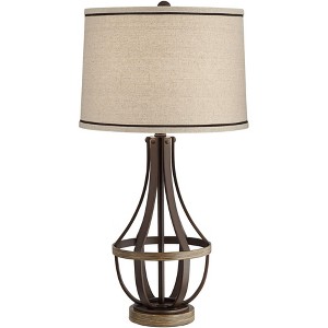 Franklin Iron Works Louanne Industrial Table Lamp 29" Tall Oil Rubbed Bronze with USB Cord Dimmer Burlap Linen Drum Shade for BBedroom Living Room - 1 of 4