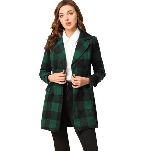 Allegra K Women's Checks Double Breasted Notched Lapel Winter Long ...