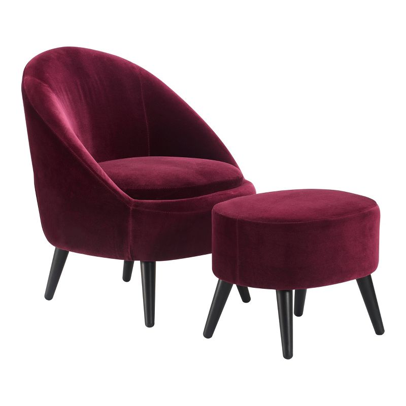 Nico Mid Century Modern Accent Chair and Ottoman Set French Merlot Red Velvet - Adore Decor, 5 of 13