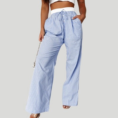 Amaryllis Women’s Wide Leg Striped Pants Lightweight Cotton Pull-On Drawstring Waistband with Side Pockets Resort Style