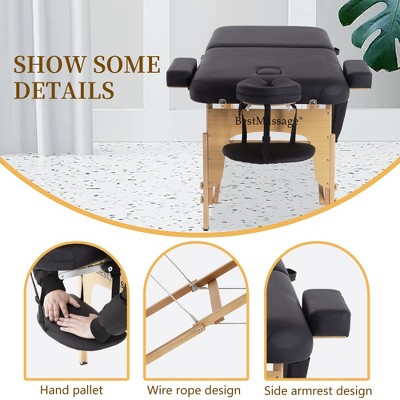 FDW Massage Table Massage Bed SPA Bed 2 Fold Massage Table Heigh Adjustable 73’’ Long PU Portable Salon Bed W/Half Bolsters Sheets Carry Case,Black