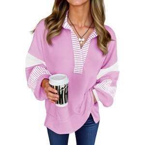 Imily Bela Womens Color Block  Oversized Polo Shirt V Neck Long Sleeve Casual Pullover Top - 1 of 4