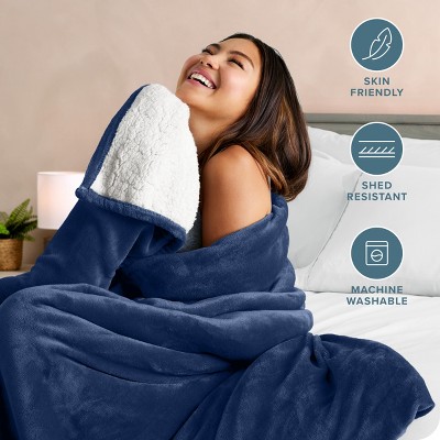 Dark Blue Reversible Sherpa Fleece Throw Blanket