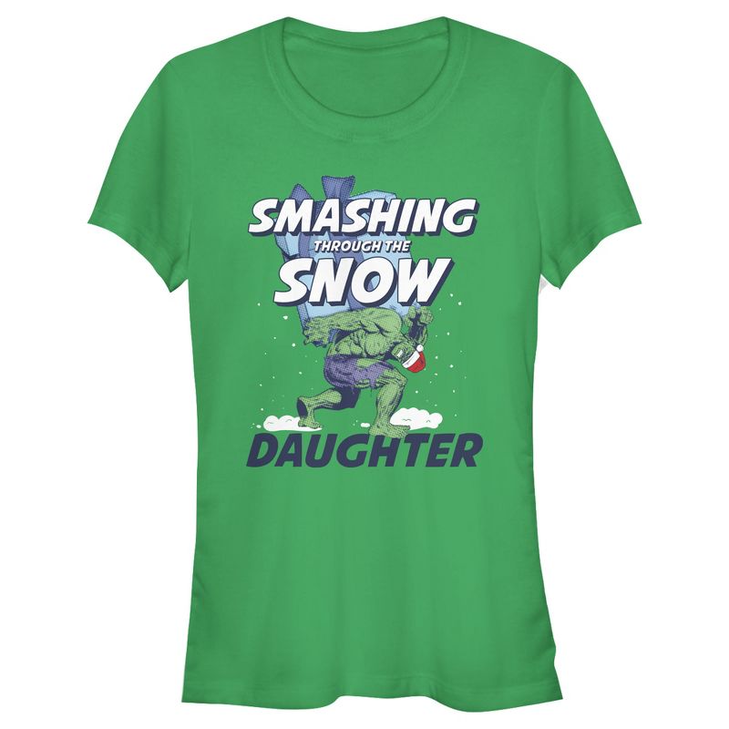Juniors Womens Marvel Christmas Hulk Daughter Snow T-Shirt, 1 of 4